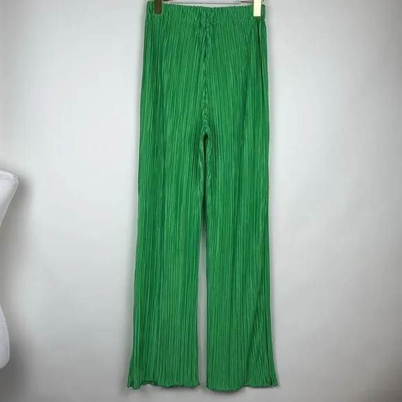 2 Piece Set Pleated Long Sleeve Loose Fit Button Down Shirt Wide Leg Pants Green - Picture 12 of 12